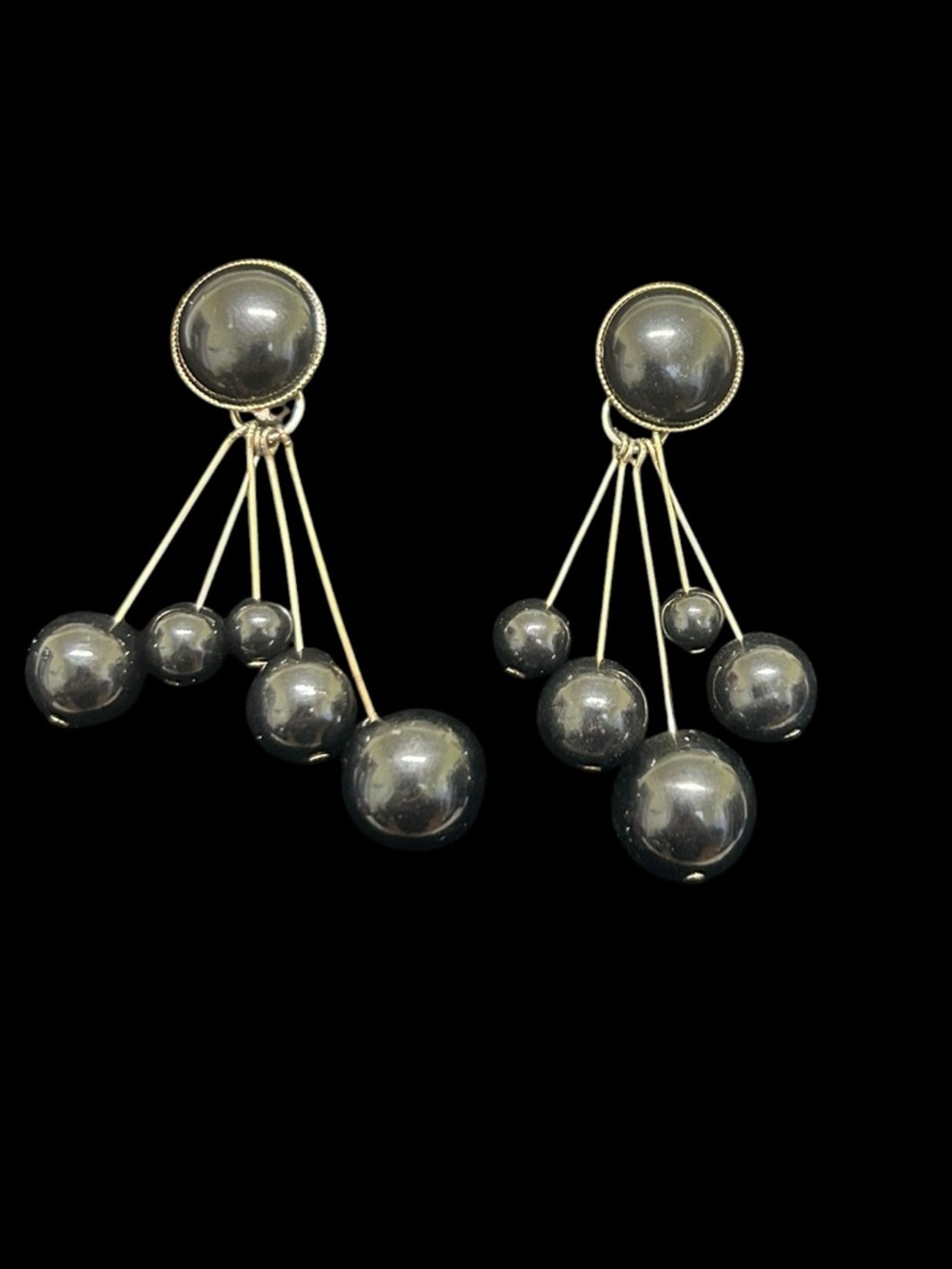 Vtg Modernist Black Orb Chandelier Clip-On Earrings - 3”